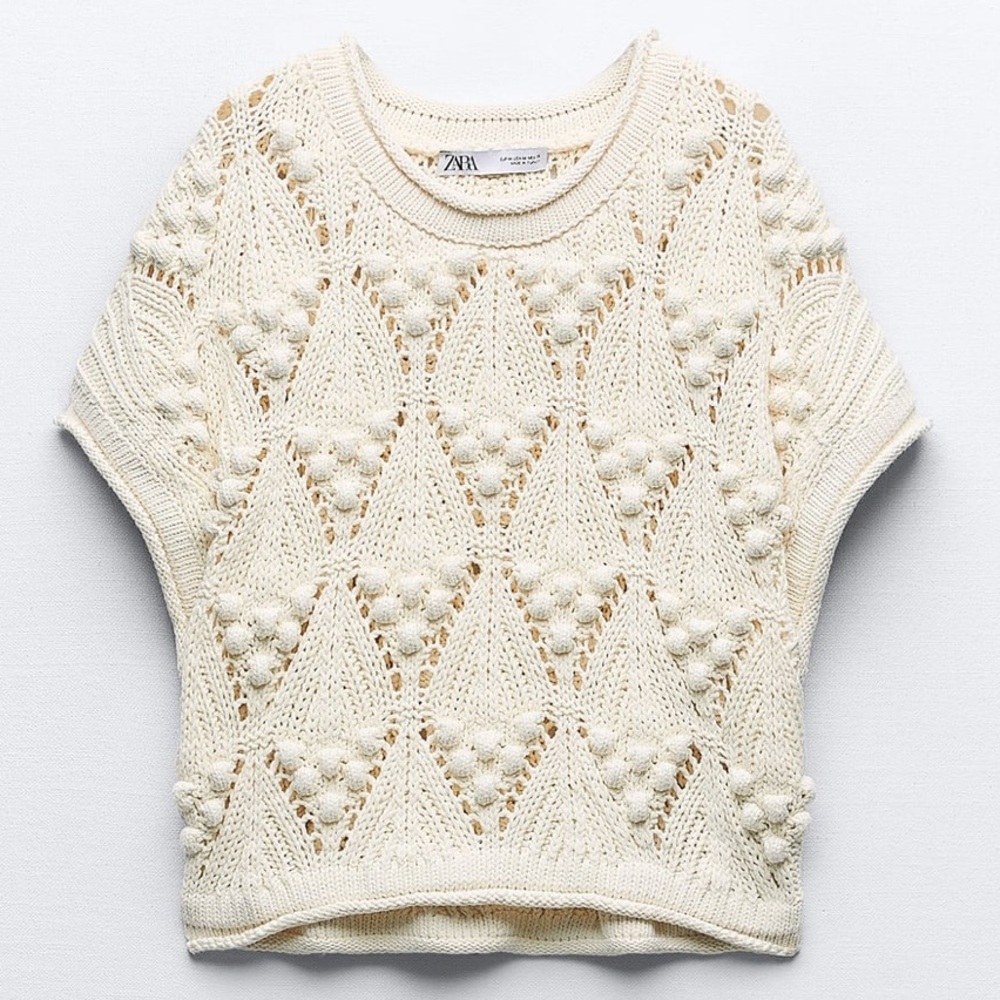 Zara NWT Ball Trim Textured Knit Top size L